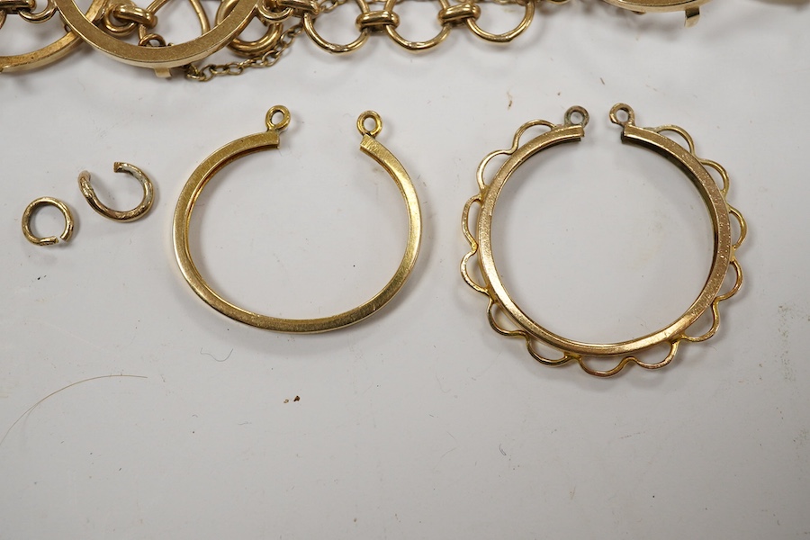 A 9ct gold coin bracelet (now lacking coins), one other 9ct gold coin mount and a similar yellow metal mount, gross weight 13.4 grams. Condition - poor to fair